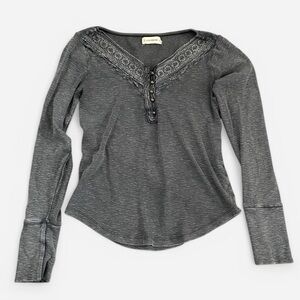 Lucky Brand Gray long sleeve Lace Trim Henley Top